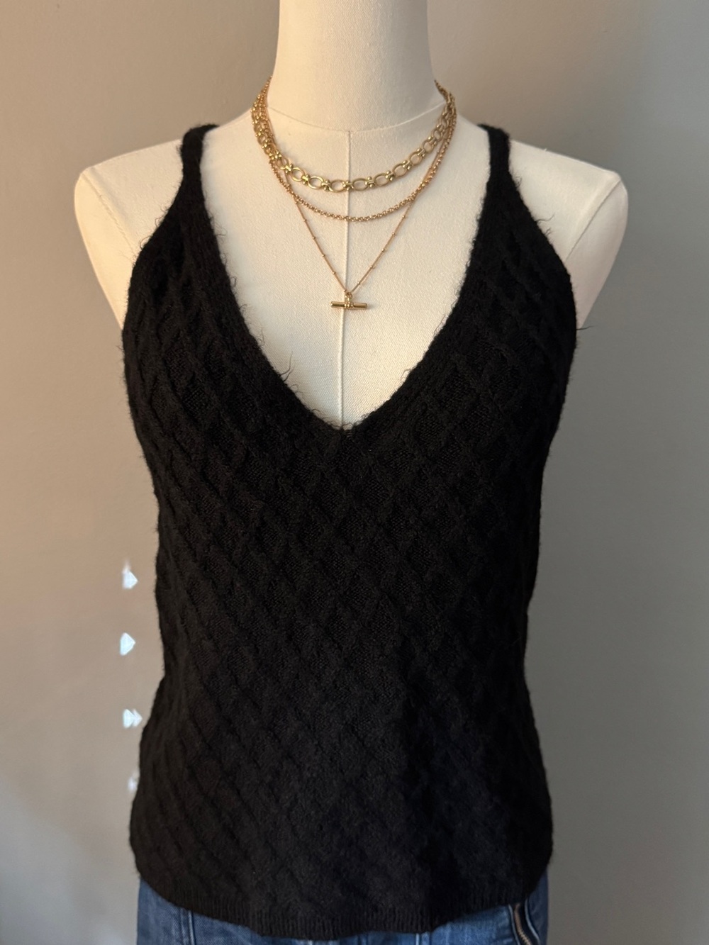 Anthropologie Black V-Neck Cable Knit Tank